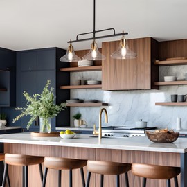 KSANA Dining Room Chandelier, Black and Gold Linear Chandelier Pool Table Light 3 Light Kitchen Island Lights with Seeded Glass for Dining Room, Kitchen Living Room