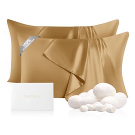 THXSILK Set of 2 100% Pure Mulberry Silk Pillowcases for Hair and Skin, 22 Momme Zipper Silk Pillow Case Standard Size, Real Silk Pillowcases with Zipper (Metallic Gold, Queen 20"x30")