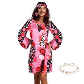 Funnity 70s Hippie Costume Women's Hippie Accessories Top Chain Earrings Hair Band Hippie Dress 70s Clothing Women for Carnival Cosplay L