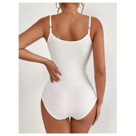 SweatyRocks Women's Appliques Lace Bodysuit Sleeveless V Neck Fitted Camisole Tops White Large