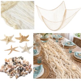 Irenare Nautical Party Decorations with Fishing Net Table Runner 155 Real Seashells 4 Natural Starfish Beach Ocean Theme Decor for Home Table Wall Fireplace Coastal Luau Party Supplies(Cheesecloth)