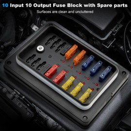 100A 10 Way Fuse Block, 12V Fuse Box Holder 10 Independent Circuits - Access to Groups of High and Low Voltages, 12 Volt Fuse Blade Panel with Led Indicator Waterproof Cover for Car Truck Boat Marine