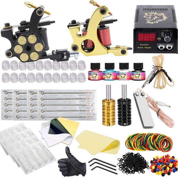 Tattoo Coil Machine Kit - Tattoo Complete Kit Set 2 Tattoo Machine with Power Supply Foot Pedal 20 Tattoo Needles Tattoo Grips Tips Tattoo Machine Parts for Shading and Lining Beginner