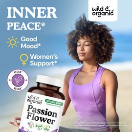 Wild & Organic Wild & Organic Passion Flower Capsules 600 mg - Calming & Mood Support - Passionflower Extract Supplement - Passiflora Incarnata Herb - Vegan, No Fillers, Non-GMO - 180 Count