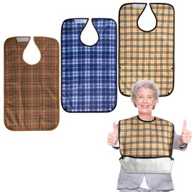 Leekalos 3 Pack Adult Bibs, Reusable Waterproof Washable Dining Clothing Protector with Crumb Catcher, Large Feeding Adult Bibs (Checkered Pattern)