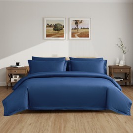 ACCURATEX Duvet Cover Set Queen Size Navy, 400TC Long Staple Cotton, Sateen Weave Percale Luxe Comforter Cover with Zipper Closure&Corner Ties, 3 Pcs Hotel Duvet Cover with Pillow Shams