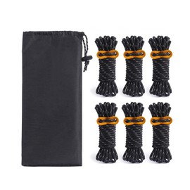 YFFSFDC Tent Rope, Set of 6, 0.16 x 16.4 ft (4 mm x 4 m), Load Capacity: 552.3 lbs (260 kg), Guy Rope, Paracord, Guy Line, Tarp Rope, Reflective, Camping, Outdoors, Aluminum, Includes Free Metal Fittings, Storage Bag Included (Black)