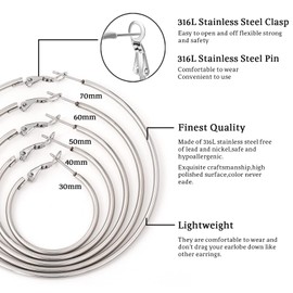 Large Silver Hoop Earrings for Women Girls,Stainless Steel Hoop Earrings Set Thin Gold Hoop Earrings Lightweight,Hypoallergenic Circle Endless Thin Hoop(30MM 40MM 50MM 60MM 70MM)