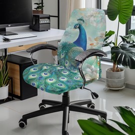 Xoenoiee Elegant Peacock Floral Print Office Chair Covers, Stretch Computer Boss Chair Cover with Button High Back Chair Slipcover Anti-Dust Rotating Chair Cover for Home Office, Large
