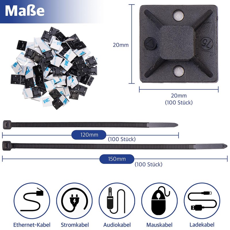 AGT Set of 200 UV Resistant Cable Ties with Base,