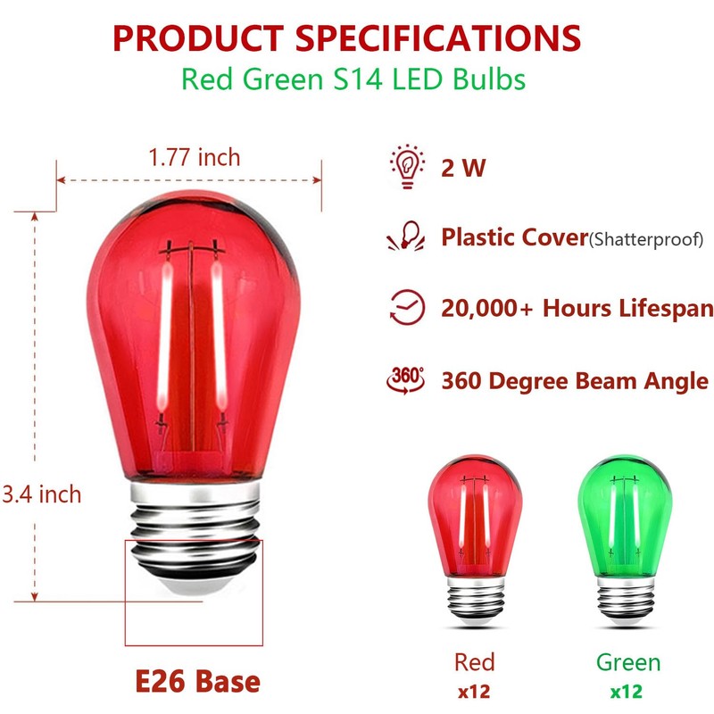 GUILEDUO 24 Pack S14 LED Red Light Bulb Green Light