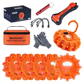 DK  Led Road Flares 6 Pack LED Flares Emergency Kit Roadside Safety Disc Flares Kit with Breaker,Whistle for VehicleType: 6-Pack Rechargeable