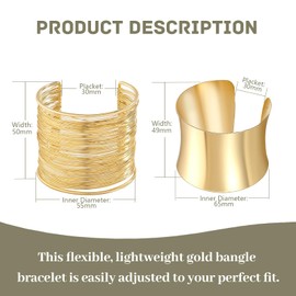 Generisch Gold Cuff Bracelets for Women, Pack of 2 Open Wide Cuff Bracelets, Adjustable Gold Open Bangle Bracelet for Women Girls