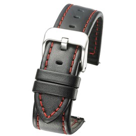 Genuine Waterproof Leather Watch Band with Quick Release Spring Bars - Black Leather Watch Strap 20mm (red Stitching)