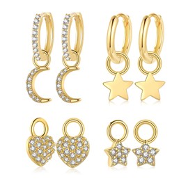 CERSLIMO Gold Dangle Hoop Earrings for Womens Girls - 2 Pairs Gold Earrings & 4 Pairs Gold Dangle Pendants | S925 Sterling Silver Earrings Moon Star Heart Dangle Drop Cubic Zirconia Earrings Set