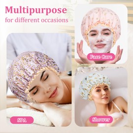 Abeillo 4 Packs Double Layer Shower Caps Reusable Bath Cap Waterproof Elastic Shower Hat Edge Covering Ears for Women Shower Spa Salon (Purple, Black, Light Green, Pink)