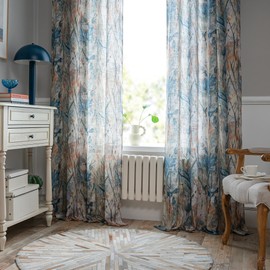 MEETSKY Living Room Curtains 95 Inch Length - Branches Pattern Printed Sheer Curtain Linen Texture Modern Drapes Light Filtering Grommet Window Curtain Panels for Bedroom Dining Room, Blue & Orange