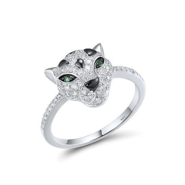 Santuzza Sterling Silver Panther Ring Green Spinel Cubic Zirconia Leopard