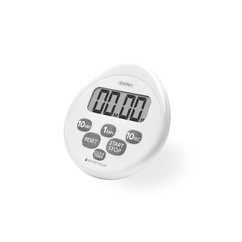 Dretec Kitchen Timer Stopwatch Magnet Waterproof with Clock, White
