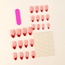 Red French Tip Press on Nails Almond Medium Fake Nails with Diamond Glue on Nails Glossy Full Cover Red French False Nail Tips Cute Winter Nail Art Decorations Stick on Nails for Women
