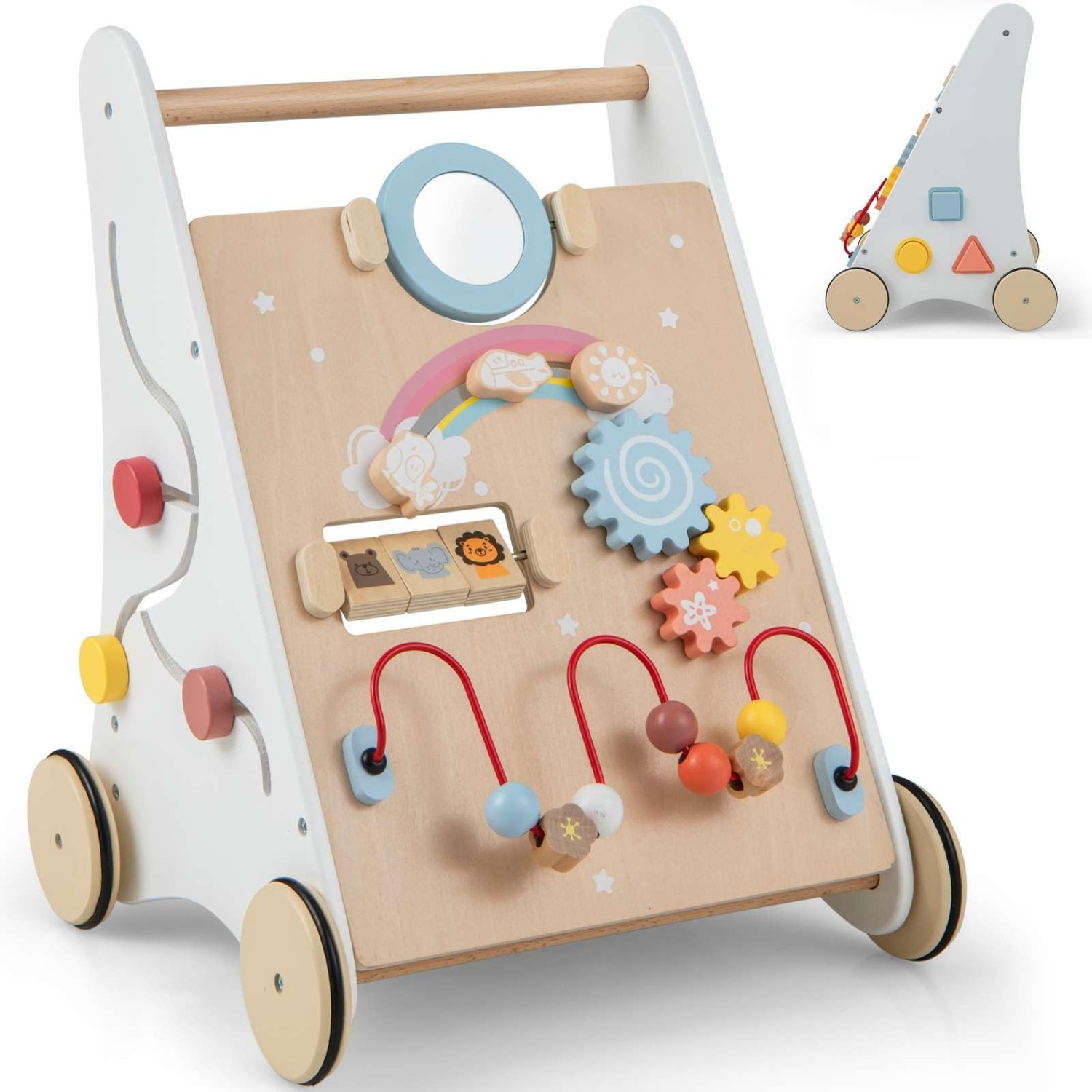 Maxmass 7 in 1 Baby Walker, Wooden Learning Walkers with Wheels, Mirror ...