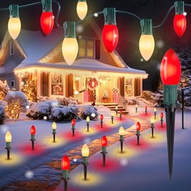 Brightown Frosted C9 LED Christmas Lights Outdoor, 32Ft Christmas Pathway Lights with 25 LED Bulbs and Stakes, Christmas Decorations Outside Driveway Walkway Sidewalk, Red and Warm White