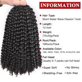 Xtrend 7Packs Black 12inch Passion Twist Hair Water Wave Crochet Braids for Distressed Butterfly Locs Passion Twist Braiding Hair Hair Extensions 18Strands/Pack