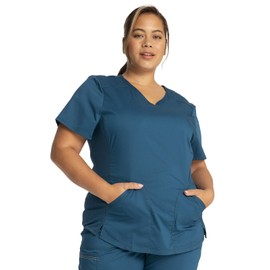 Cherokee Scrub Set for Women V-Neck Scrub Top WW601 Mid Rise Tapered Leg Drawstring Scrub Pant WW105, Caribbean Blue- X Small Top/X Small Petite Pant