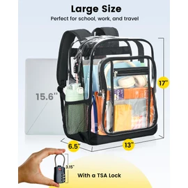 Vorspack Clear Backpack with TSA Lock, 17 inch Large Bookbag | Heavy Duty Transparent Backpacks for Girls Boys, Reinforced Straps, Padded Bottom, Fit 15.6'' Laptop, Clear Bag for School