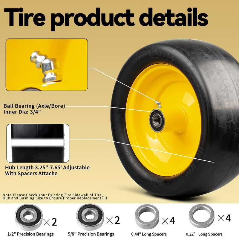 13x6.50-6 Lawn Mower Tires with 3/4 5/8" Bearing Solid Smooth