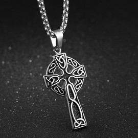 Vanski Men's Stainless Steel Celtic Cross Irish Knot Pendant Necklace, 23.6 inch Box Chain