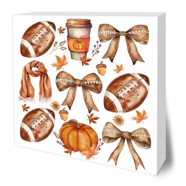 Tis' The Season Fall Wooden Block Sign - 5" Football & Pumpkin Wooden Plaque Tabletop Decor - Rustic Harvest Autumn Wood Sign Gifts For Friends Family - Home Room Office Desk Decor & Supplies -B12