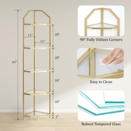 5-Tier Corner Shelf Stand, Gold Corner Bookshelf, Bathroom Storage Rack Shelf, Plant Rack, Tempered Glass, Steel Frame, Modern Style for Living Room, Bathroom, Kitchen, Metallic Gold