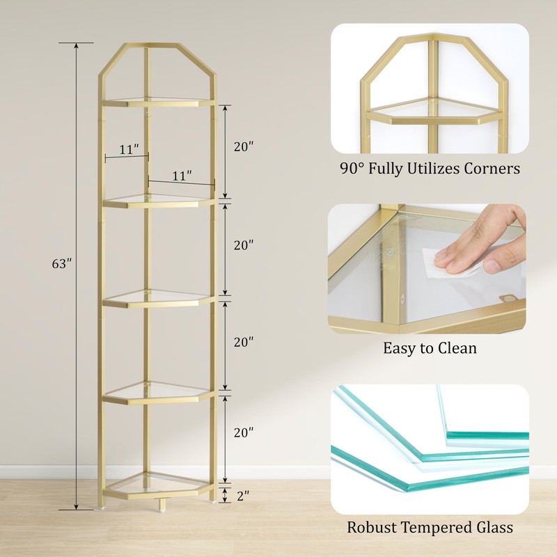 5-Tier Corner Shelf Stand, Gold Corner Bookshelf, Bathroom Storage Rack