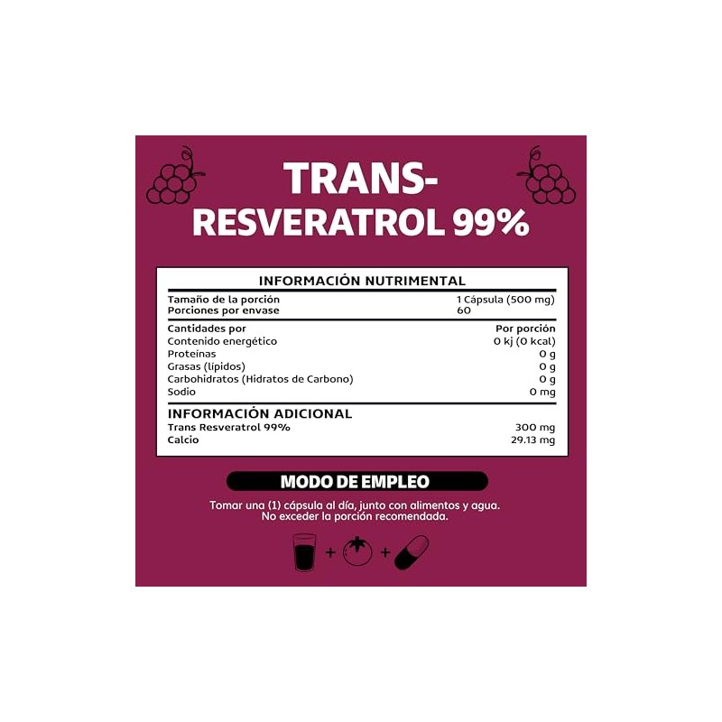 Trans-Resveratrol 99 Alta Concentracin de Resveratrol Blanco Cpsulas Veganas Calidad