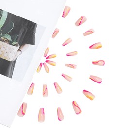 Handcess Coffin Shiny False Nails Long Pink French False Nails Wave Line Press On Nails Ballerina Acrylic Stick On Nails for Women and Girls (Pack of 24)