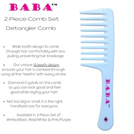 BABA - 2 Piece Diamond Crystal Wide Tooth Detangler Comb – Combs for Women, Hair Comb, Detangles Wet or Dry Hair, Detangling Comb, Wide Tooth Comb for Curls, Hair Brush Detangler (White Black)