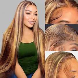 ROLKISA Highlight Ombre Lace Front Wig Human Hair 13x6 HD Transparent Straight Lace Front Wigs Human Hair Pre Plucked 180% Density 4/27 Colored Honey Blonde Human Hair Wig for Women 34Inch
