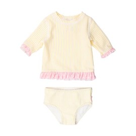 RuffleButts Baby/Toddler Girls UPF50+ Sun Protection Seersucker Short Sleeve Ruffle Rash Guard Bikini - Banana, 3T