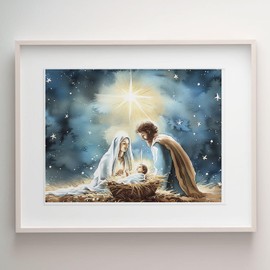 Mary and Joseph Birth of Jesus Christ Print, Watercolor Christian Spiritual Holy Painting Nativity Print, Trendy Living Room Home Decor, Nursery Bedroom Art, Christian (11 X 14 INCH Print Unframed)