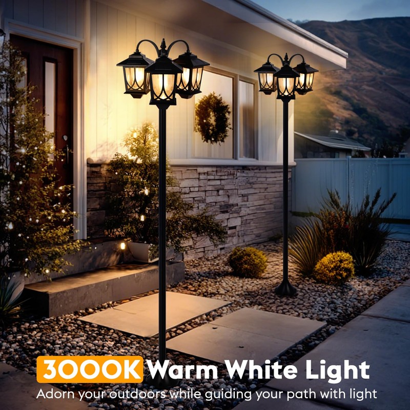 SAKSIAPRO 3-Head Solar Lamp Post Light, 73" Solar Lights Outdoor