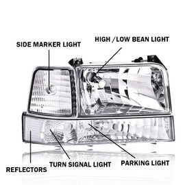 PIT66 Headlights Assembly Compatible with 1992-1996 Ford F150 Bronco Fit 92-97 F250 F350 Headlights with Corner Signal Bumper Lamps Clear Lens Chrome Housing Clear Reflector