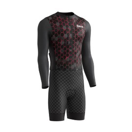 Men's Cycling Skinsuit Gel Padded One Piece Trisuit Bike Top Short Sublimated Unique Design Bib Shorts (Black/Red, Large)