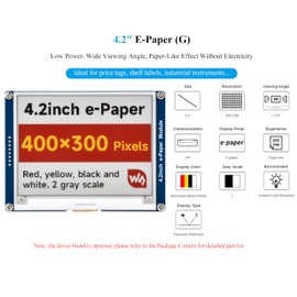 4.2inch e-Paper Module Display, 400x300 E-Ink Display Compatible with Raspberry Pi 5/4B/3B+/3B/2B/Zero W/WH/Zero 2 W/Jetson Nano/STM32, SPI Interface, Red/Yellow/Black/White Four Colors