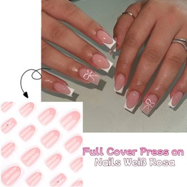 Pack of 24 French Bow False Nails for Sticking Kit - Full Cover Press On Nails White Pink Artificial Nails Tips for Manicure DIY Fake Nails for Women and Girls