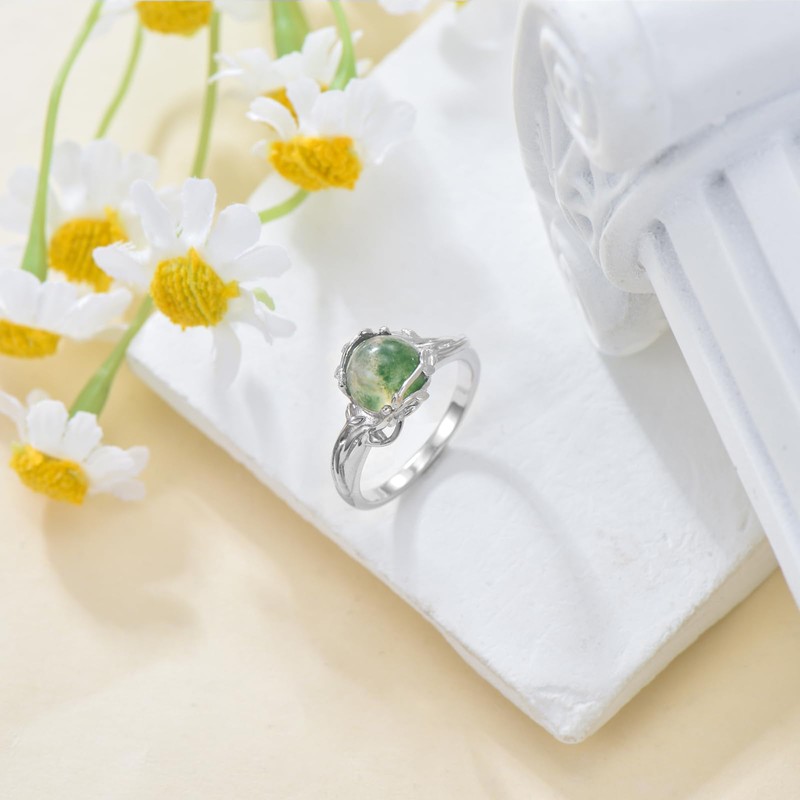 POPLYKE Natural Moss Agate Engagement Ring for Women, Green Moss