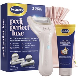 Dr. Scholl's Pedi Perfect Luxe - Kit Pedicure Elettrico Ricaricabile, Lima Piedi e Crema Nutriente, Elimina Calli, Duroni e Pelle Secca, Impermeabile, 90 Minuti di Autonomia, 3 Testine