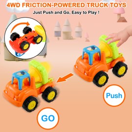 Castaroud 4 PCS Truck Toys for 3+ Year Old Boys Birthday Gifts, Push and Go Trucks, 4WD Friction Power Car Toddler Toys for First Birthday Gift, Early Educational Baby Toys for Boys or Girls
