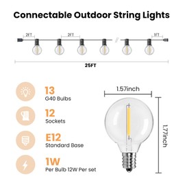Outdoor String Lights 25ft, G40 Led Patio Lights with 13pcs Bulbs, Shatterproof Waterproof Dimmable Connectable Hanging Globe Outdoor Lights for Party, Cafe, Backyard, Balcony, Bistro, Black