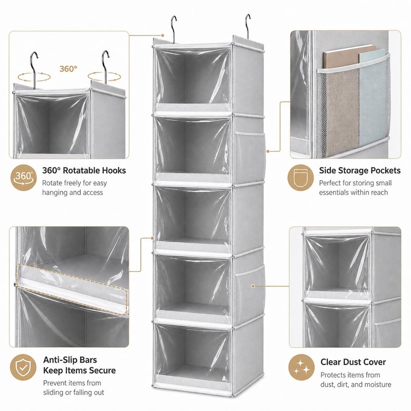Vailando 5-Shelf Hanging Closet Organizer with Clear Dust Covers, Gray